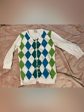 Lacoste White Cardigan with Blue & Green Argyle